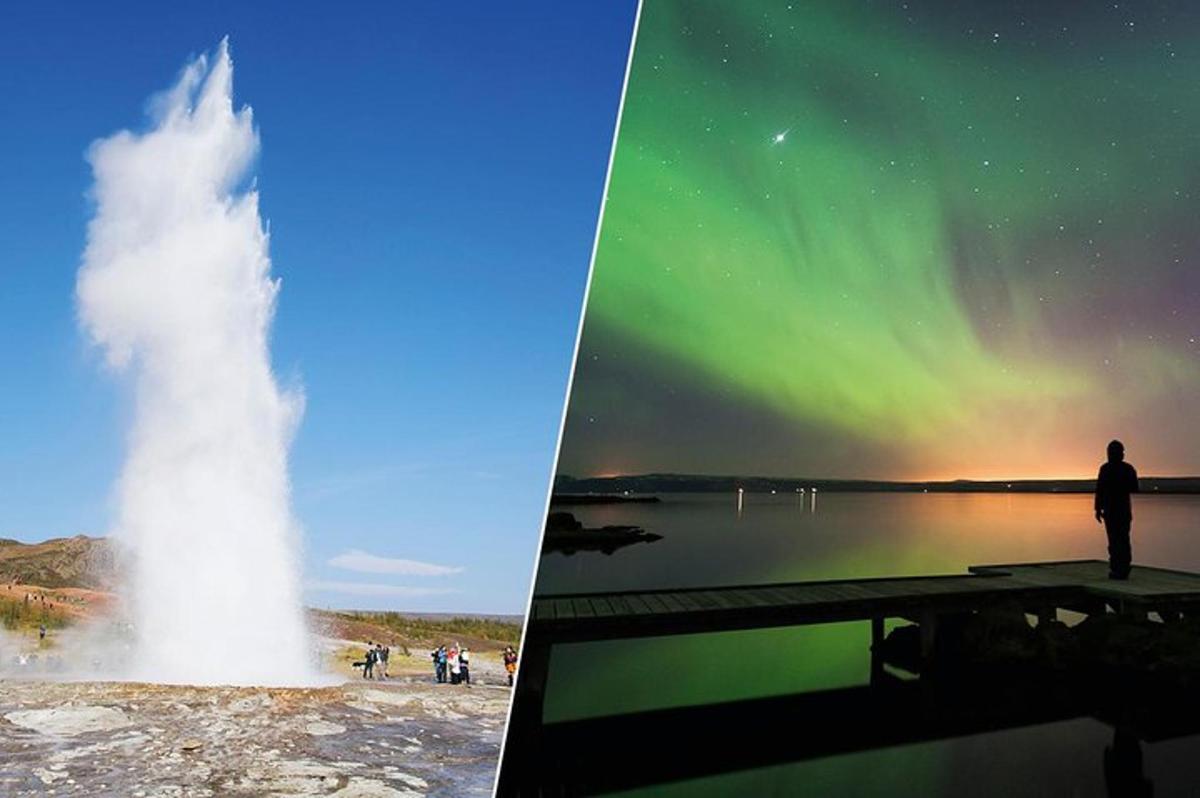 two pictures of a erupting geyser and an image of a person standing