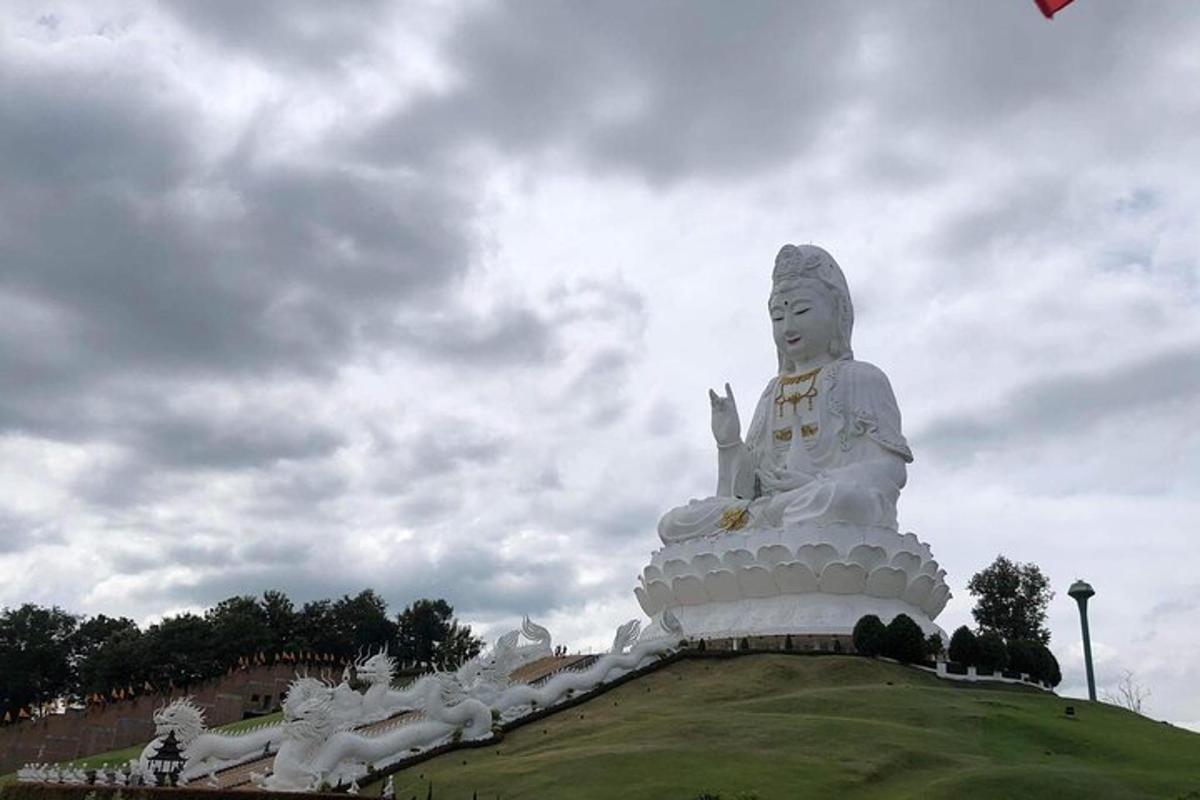 una grande statua bianca seduta in cima a un campo