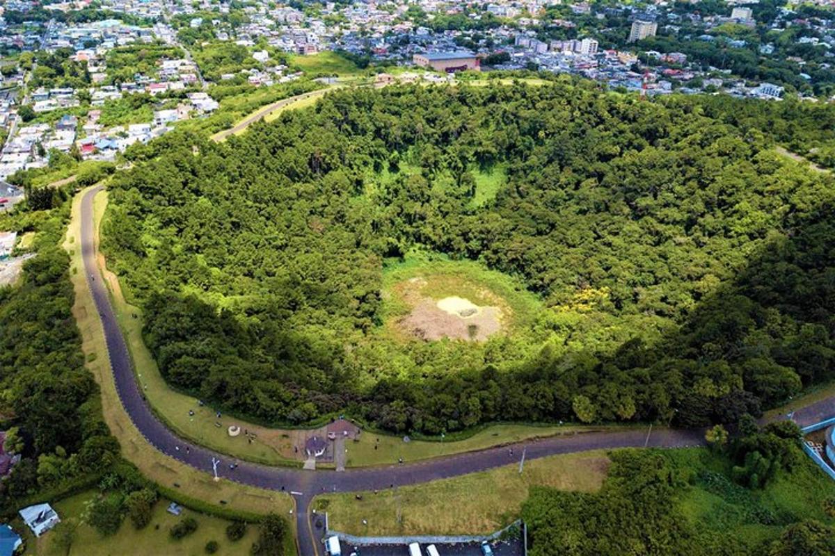 uma ilha no meio de uma floresta com uma estrada