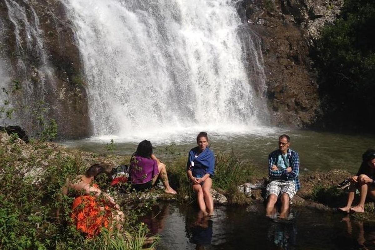 eine Gruppe von Menschen sitzt vor einem Wasserfall