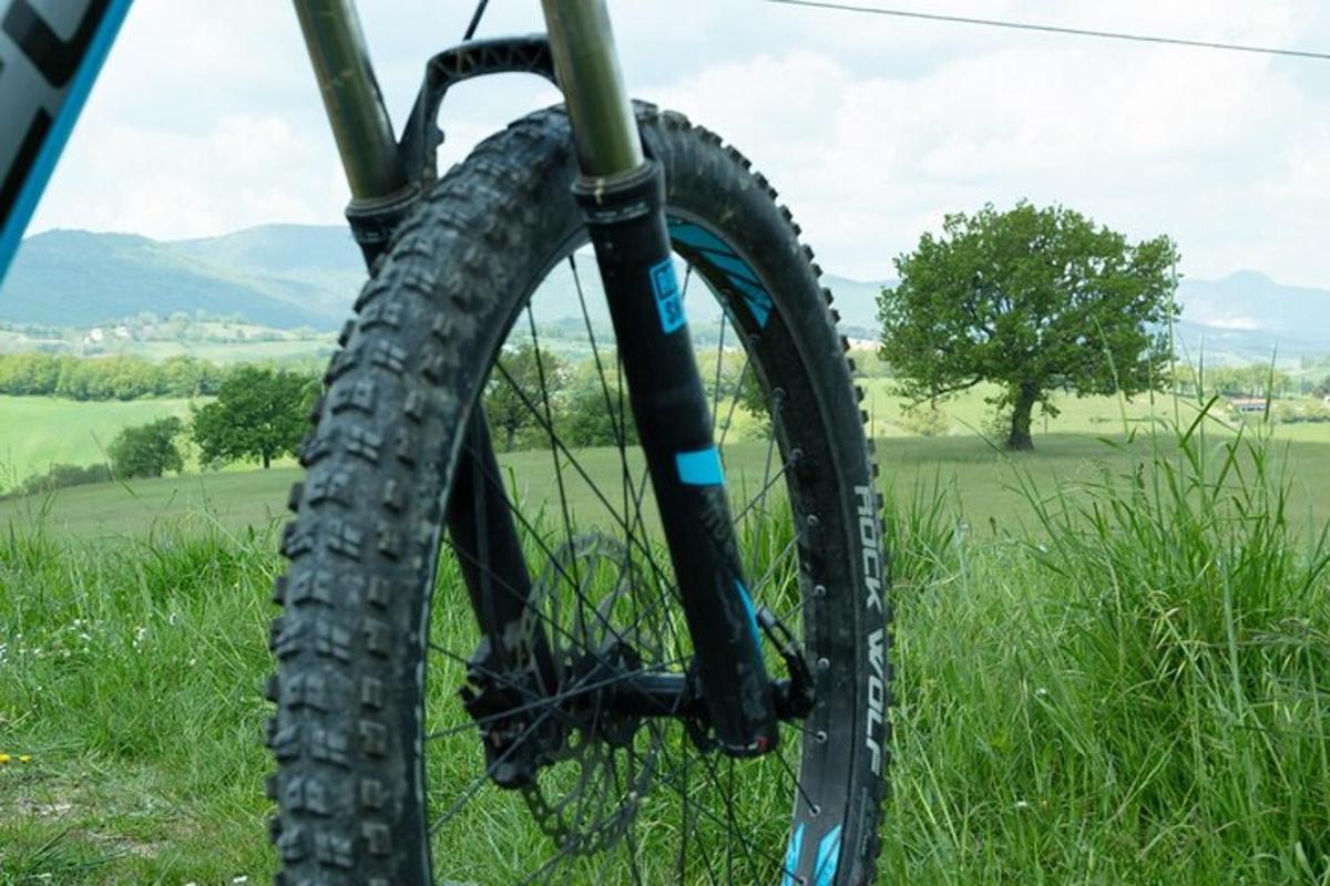 a bike tire on a bike in a field