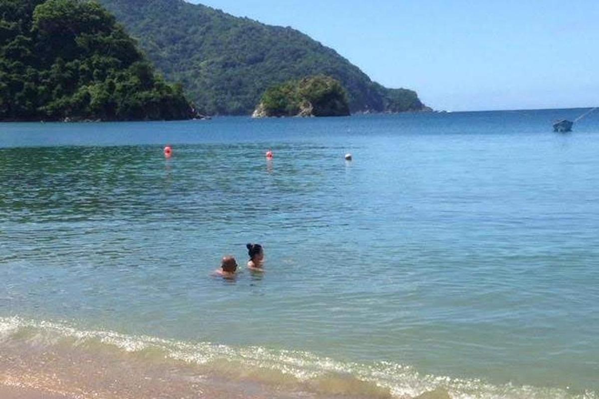 a group of people in the water at the beach