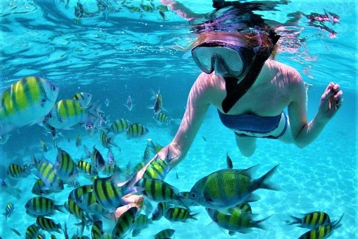 una persona che nuota nell'acqua con un pesce