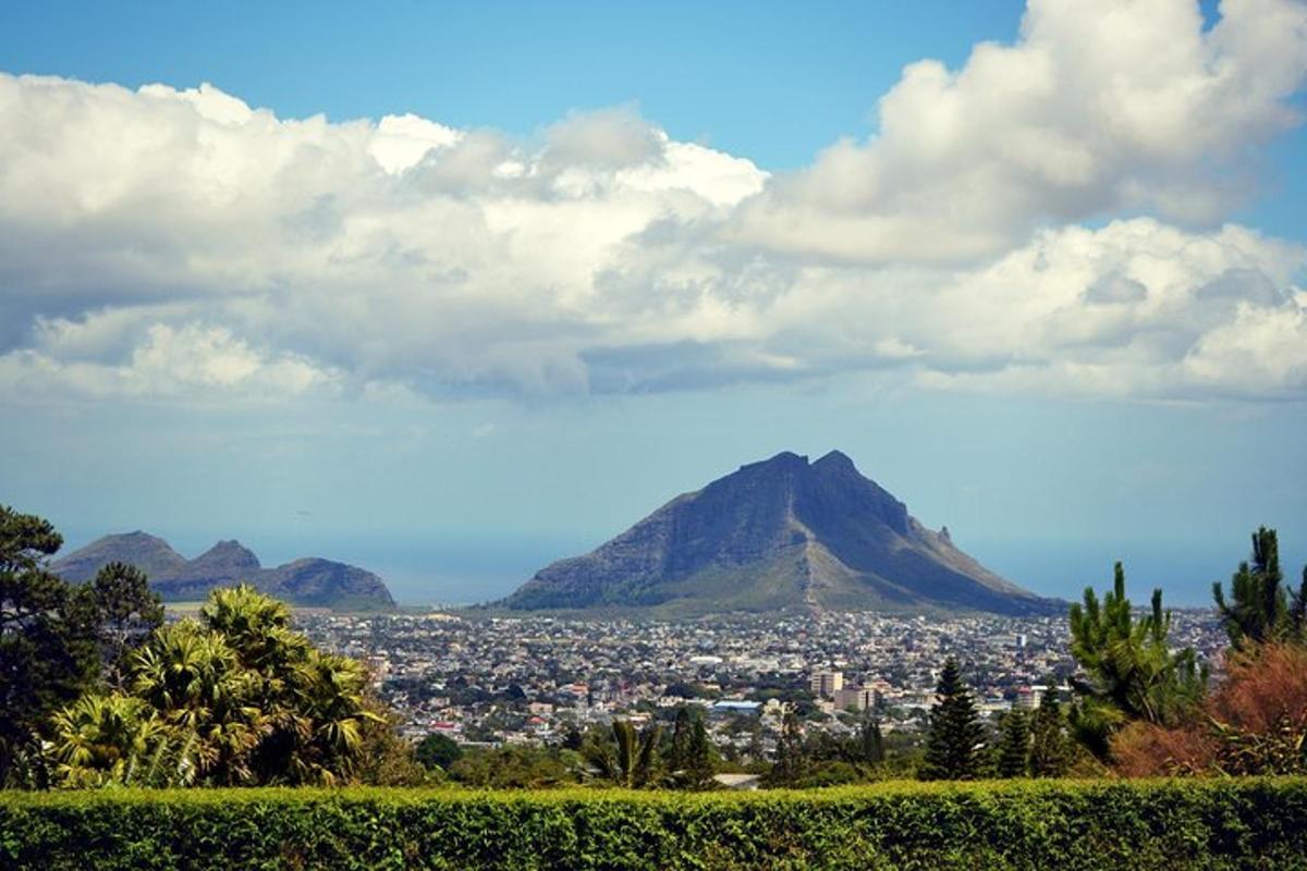 una vista di una città con una montagna sullo sfondo