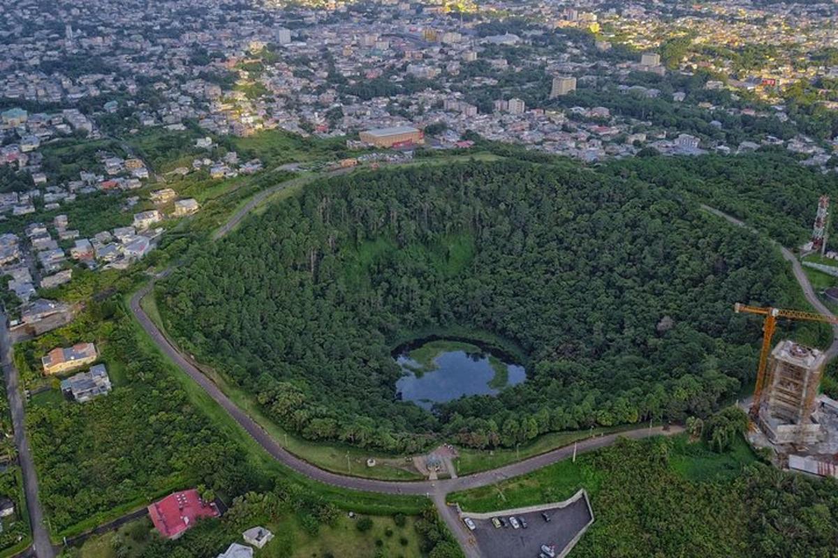 una vista aerea di un parco con un lago