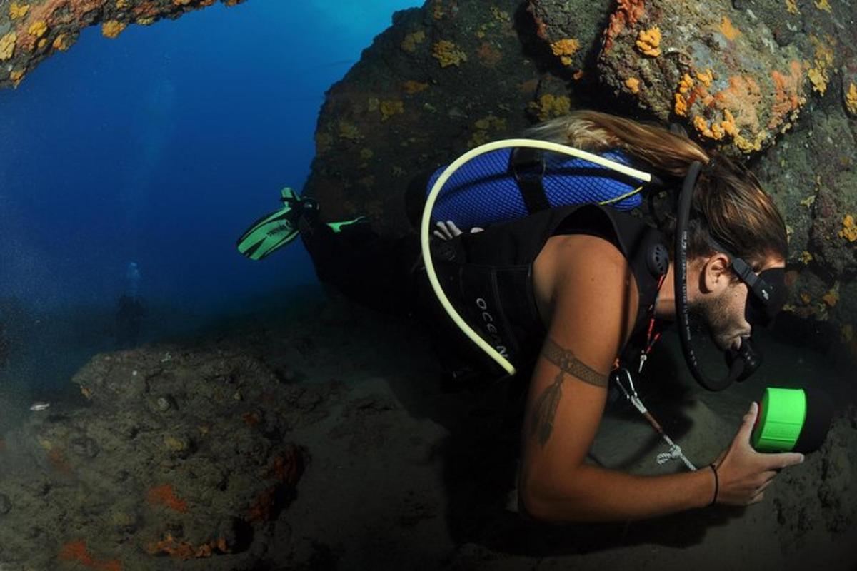eine Frau im Wasser mit einem Taucher
