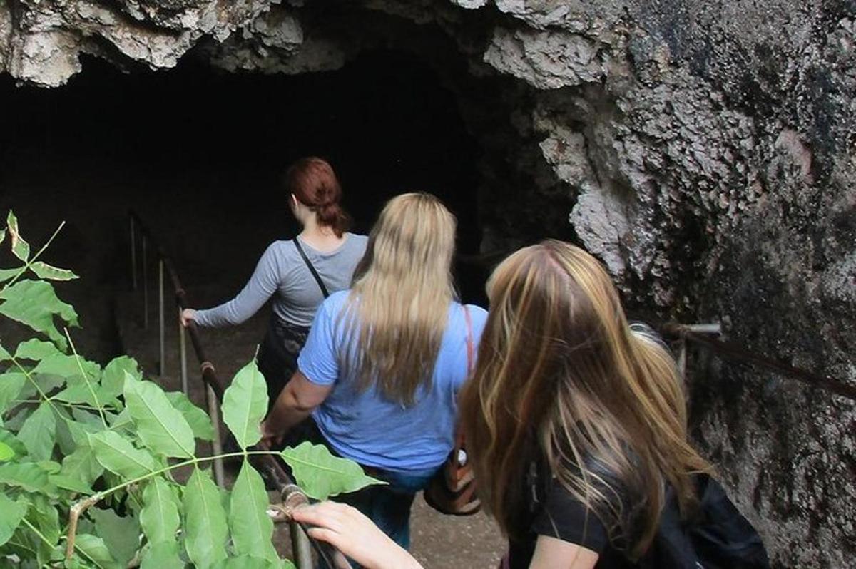 un gruppo di persone che camminano in una grotta buia