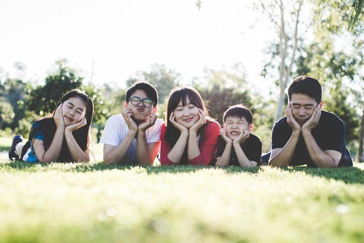 a group of people laying on the grass