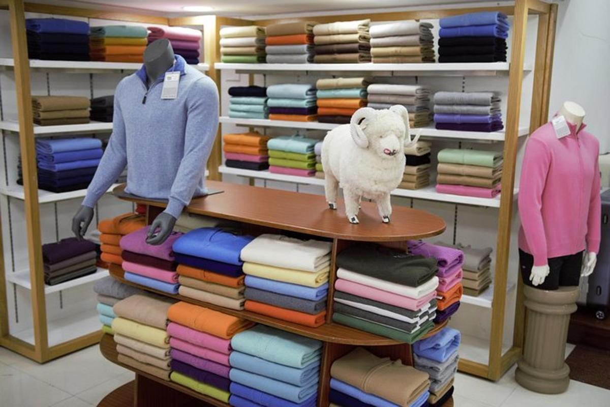 uma ovelha empalhada em pé sobre uma mesa em uma loja de roupas