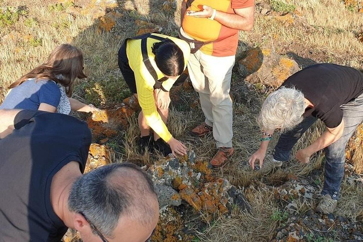 un grup de persones mirant roques en un camp