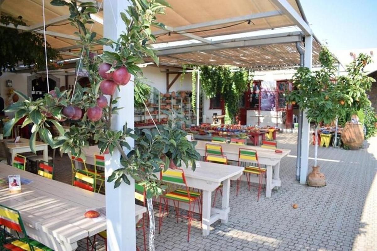 an outdoor patio with white tables and chairs and trees