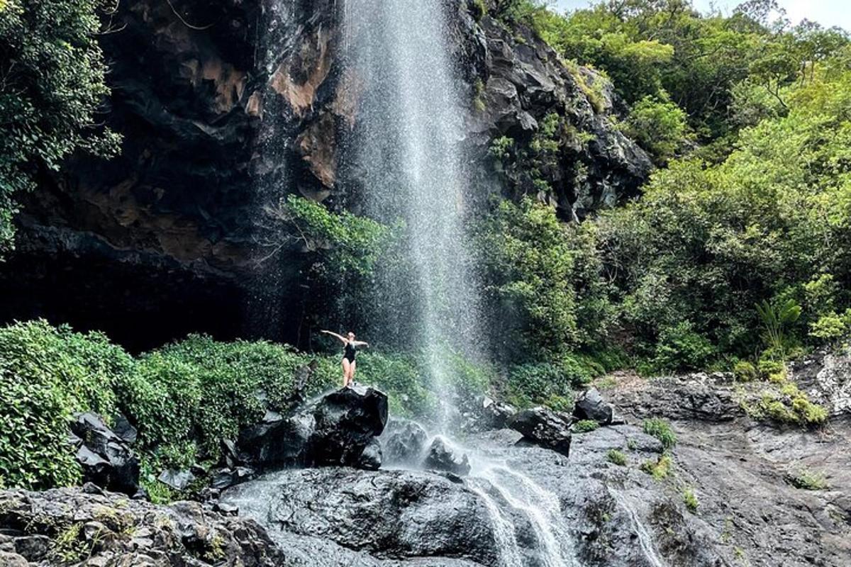 eine Person, die auf einem Felsen vor einem Wasserfall steht