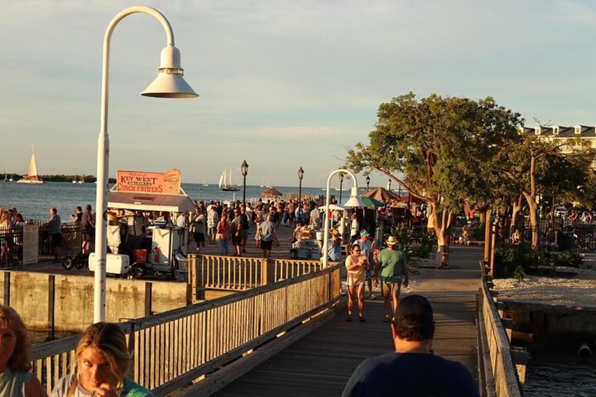 a crowd of people walking on a boardwalk near the water
