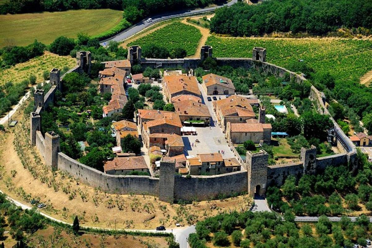 uma vista aérea de uma vila com um castelo