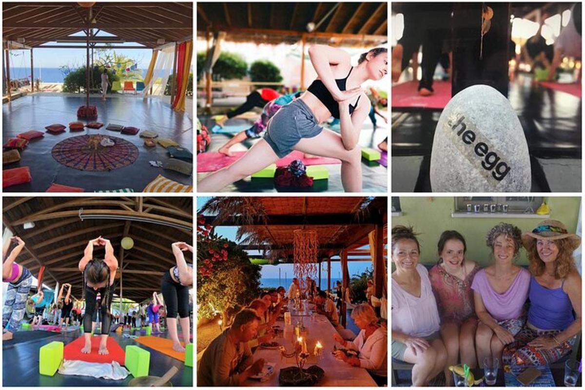 a collage of photos of people at a resort