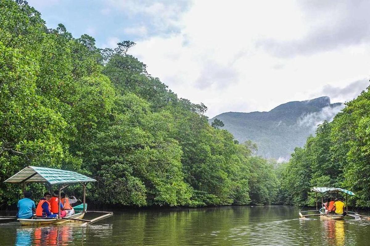 a group of people riding in boats on a river