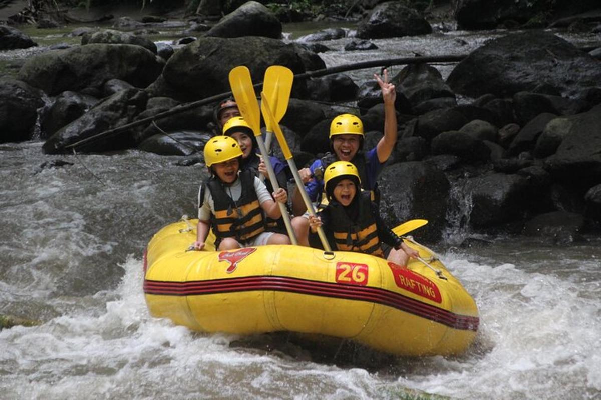 a group of people in a raft in the river