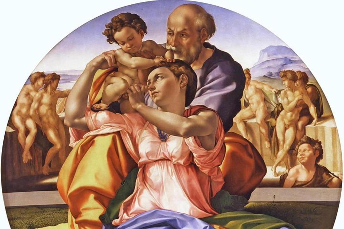 obraz znázorňující Kristovo zmrtvýchvstání s mužem držícím dítě