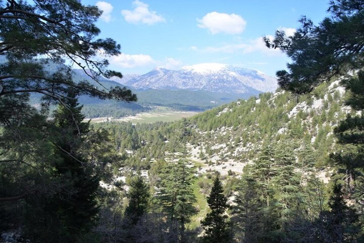 una vista d'una muntanya amb muntanyes cobertes de neu