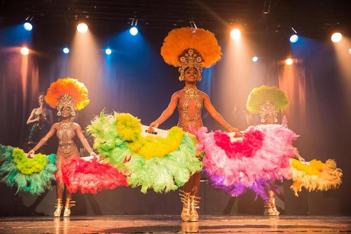 un gruppo di artisti su un palco che indossano costumi colorati
