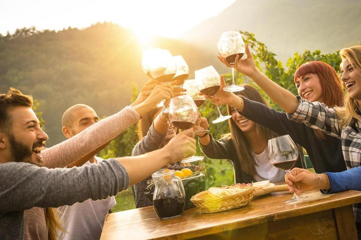 skupina ljudi, ki držijo kozarce vina
