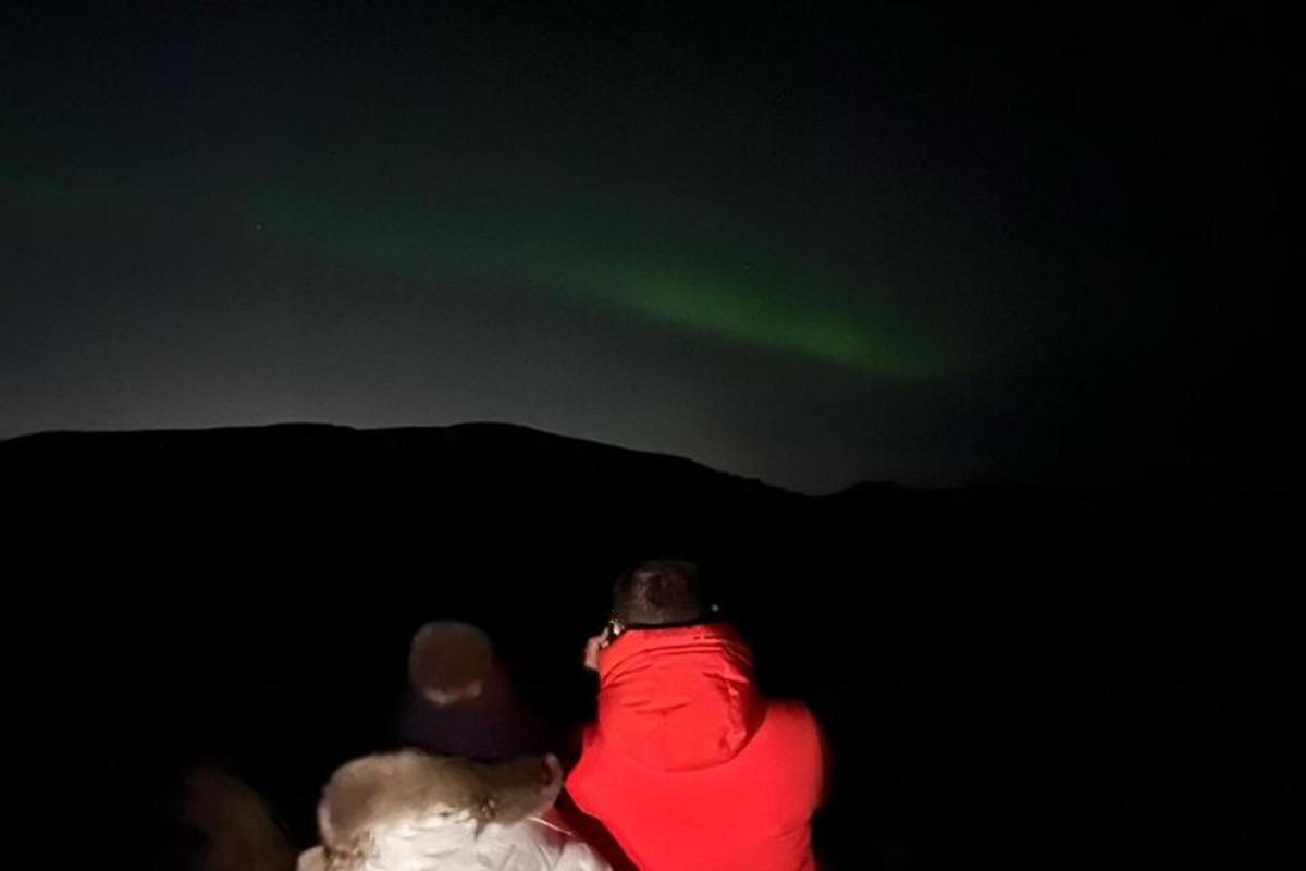 three people are looking up at the green northern lights