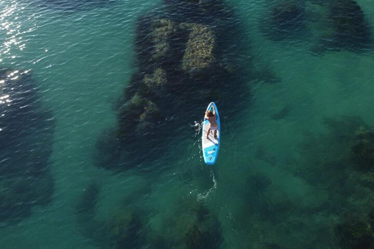 uma visão aérea de uma pessoa em uma prancha de surfe na água