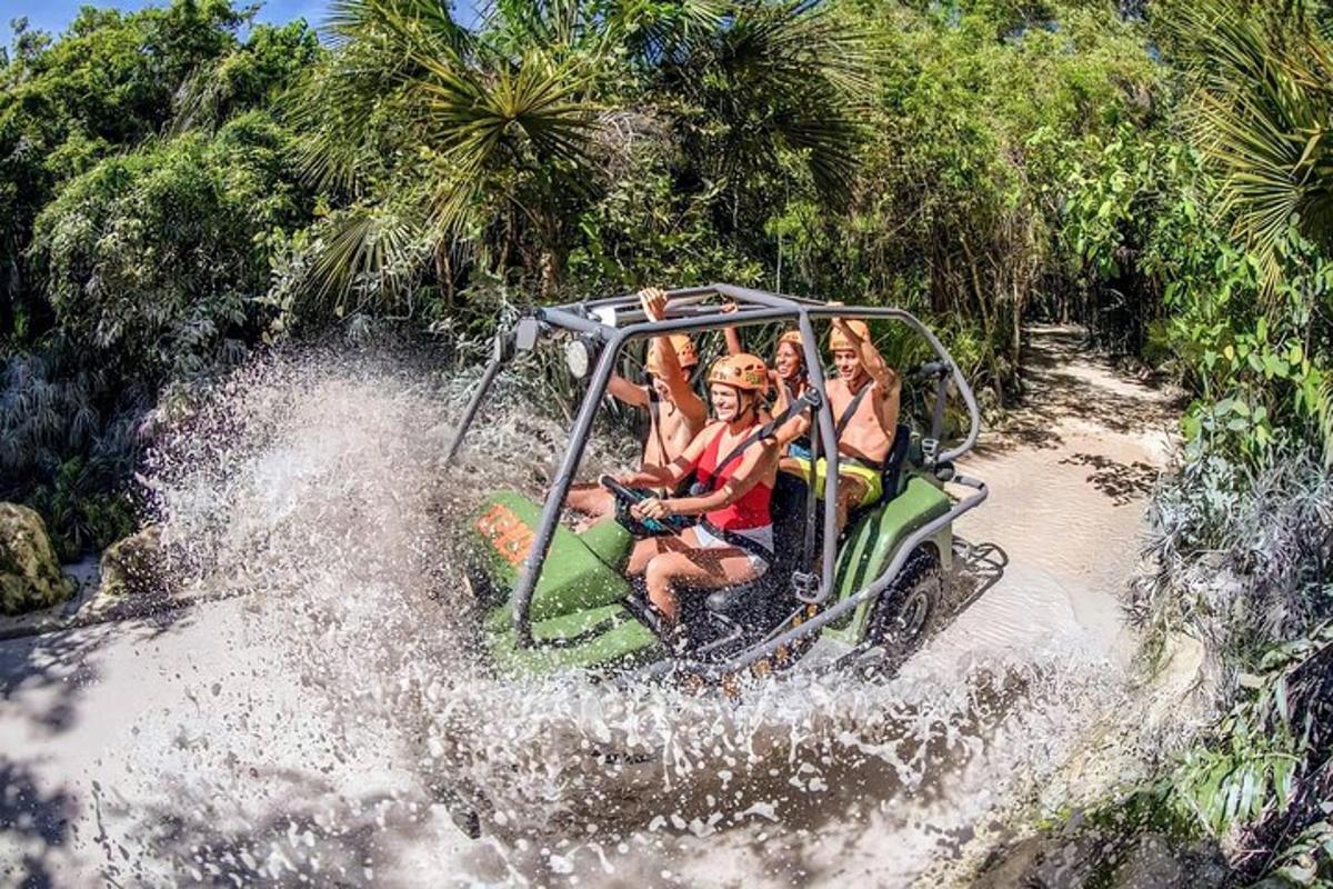 a group of people riding on a roller coaster in the water