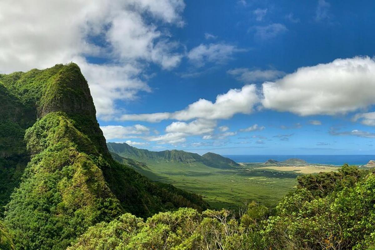 uma vista de uma montanha com o oceano ao fundo