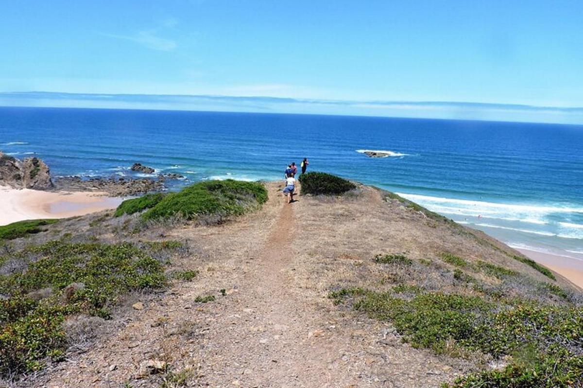 two people walking down a dirt path on a beach