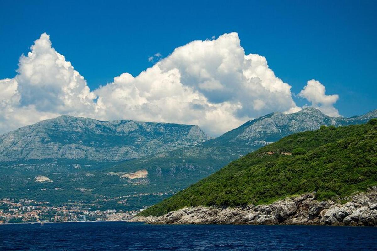 pohled na horu s městem a oceánem