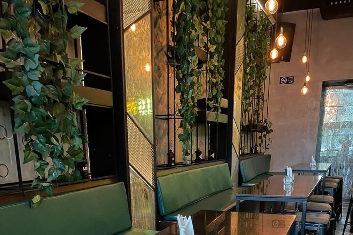 restaurace se stoly a židlemi s rostlinami na zdi