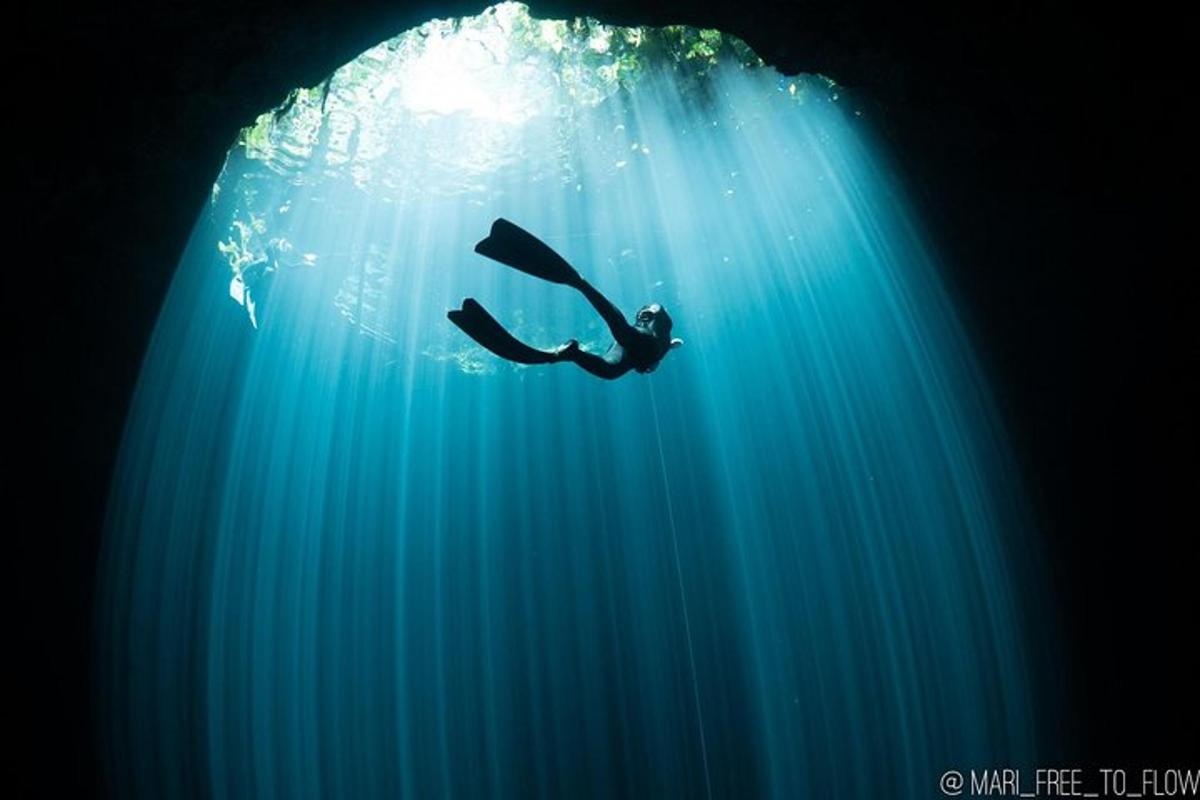 a person swimming in the ocean under the water