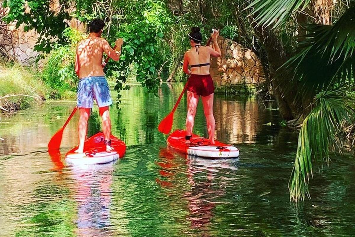 Двоє чоловіків стоять на дошках для веслування у воді