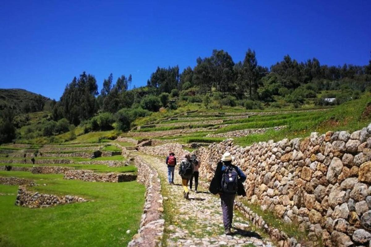 um grupo de pessoas caminhando por um caminho de pedra