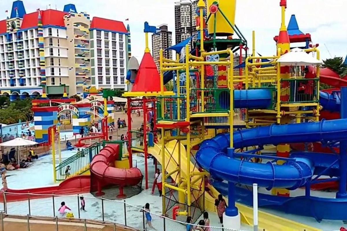 a water park with a colorful water slide