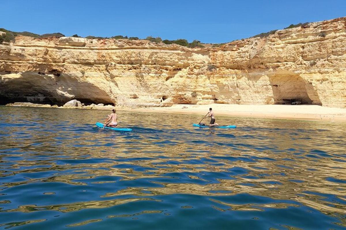 Doi bărbați stau pe plăci de surf în apă