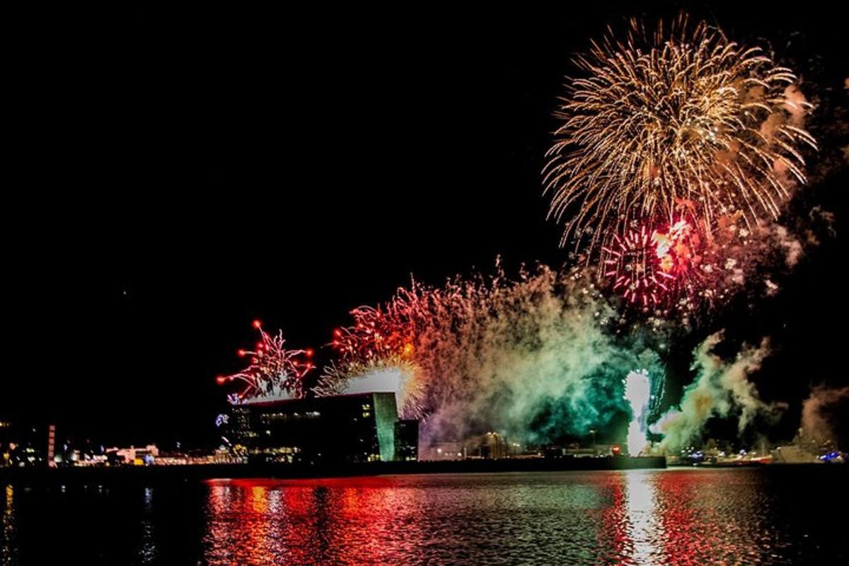 a firework display at night over a body of water
