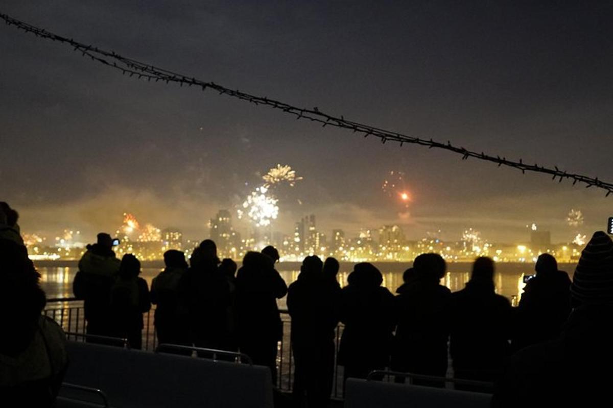 Un grupo de personas mirando un espectáculo de fuegos artificiales en la ciudad.