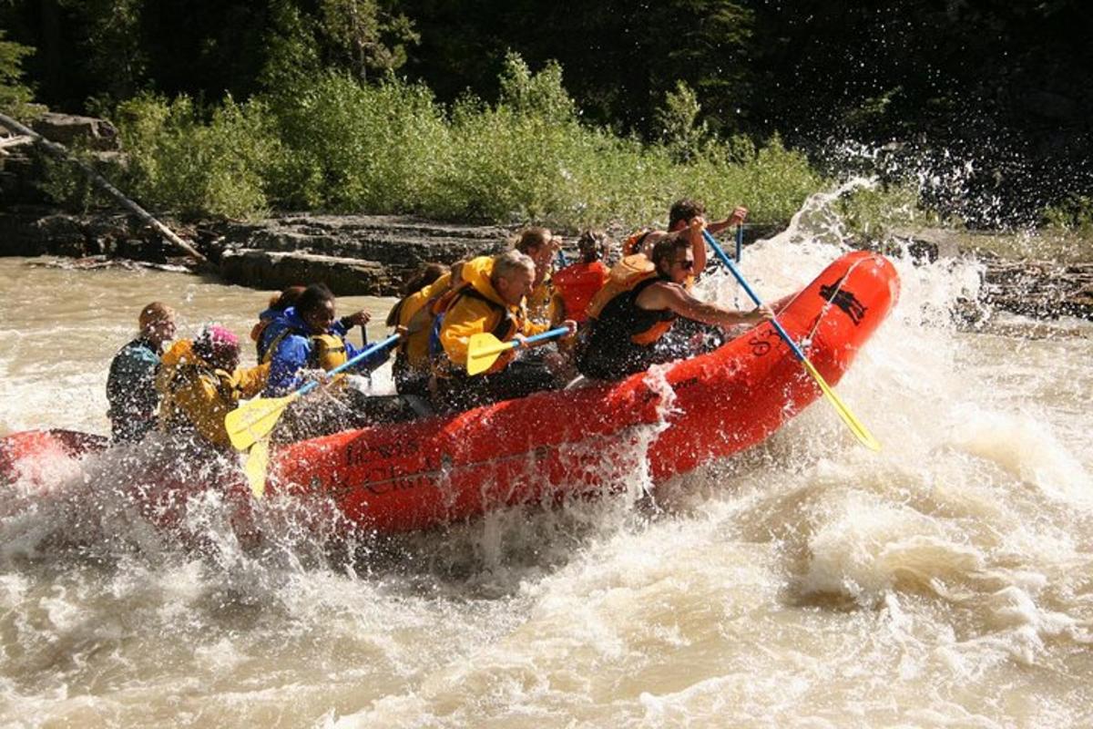 a group of people in a raft in the water