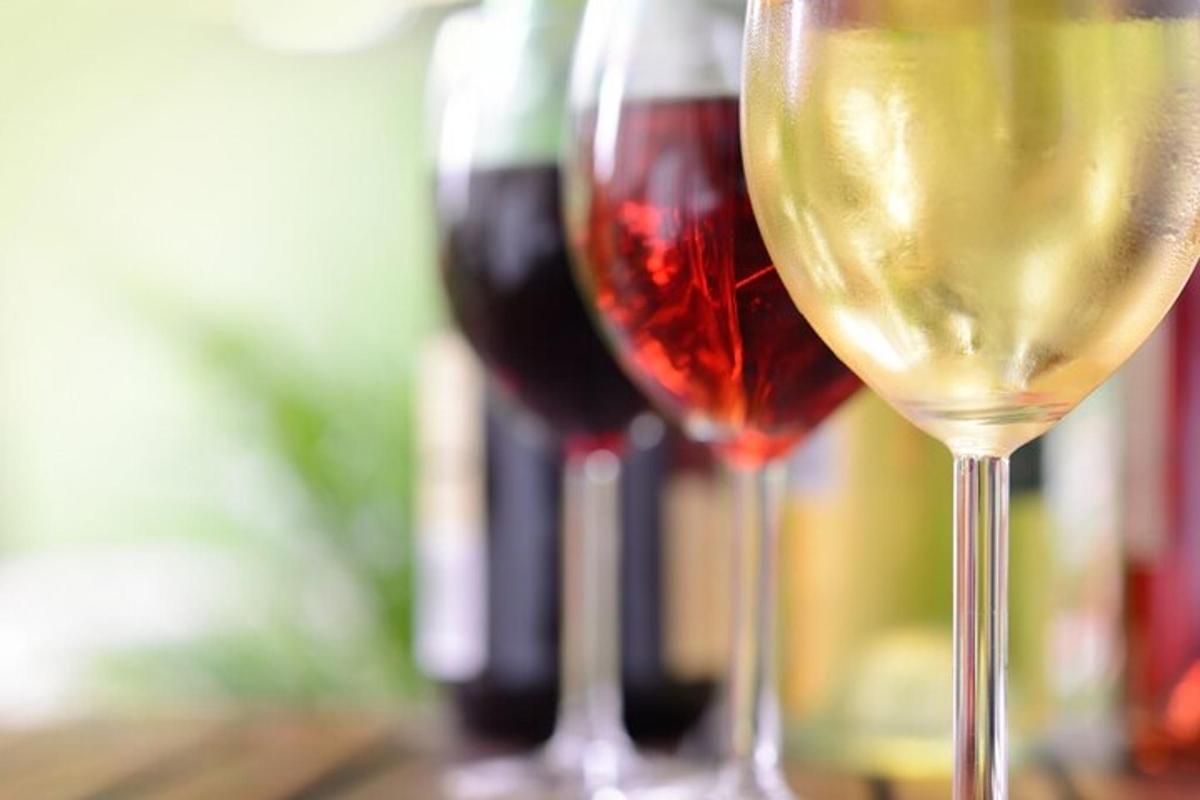 dva kozarca rdečega in belega vina na mizi