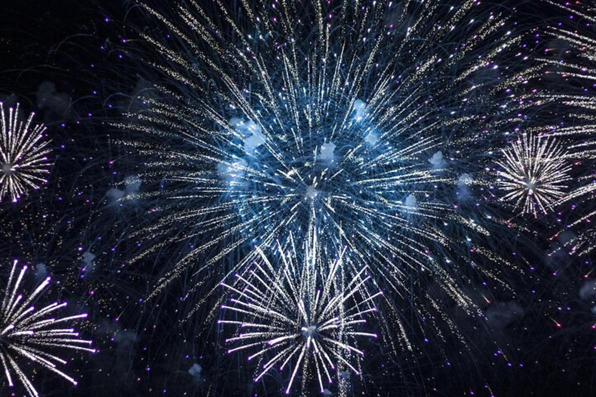 skupina ohňostrojů explodujících na noční obloze