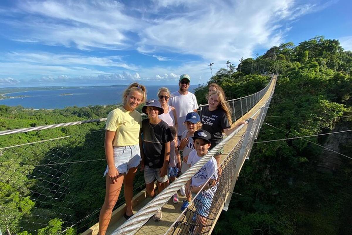 a group of people standing on a walkway on a suspension bridge