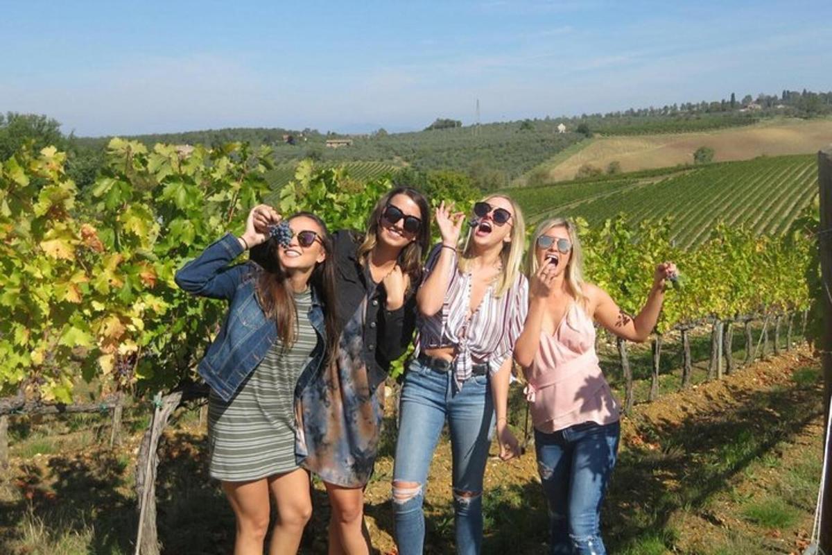 un grup de dones dempeus davant d'una vinya