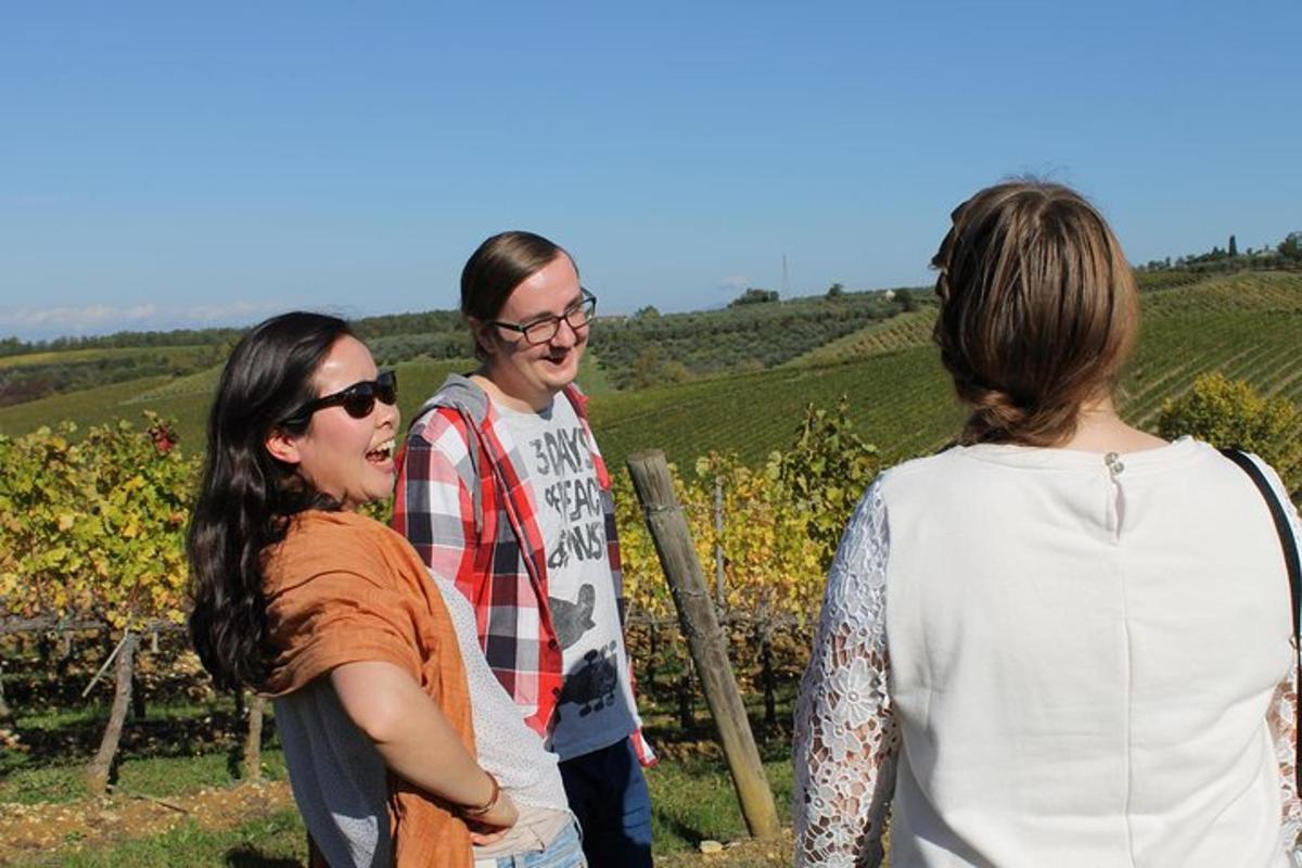 a group of three people standing in front of a vineyard