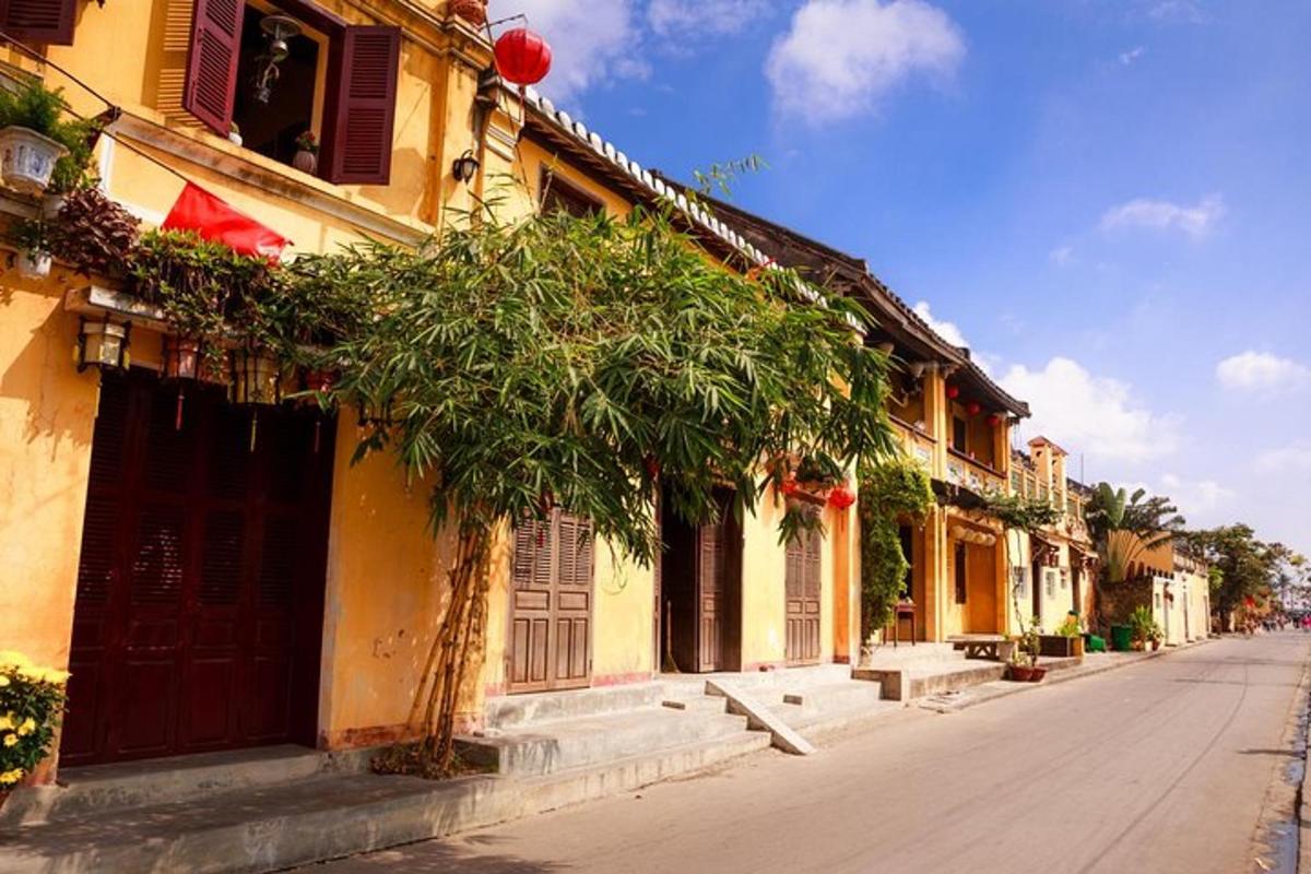 a street with buildings and a tree next to a road