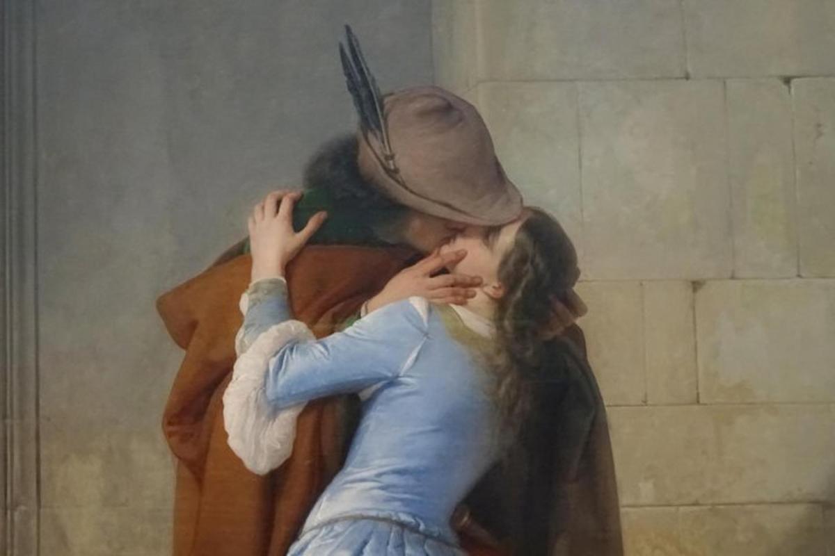 a painting of a woman hugging a man