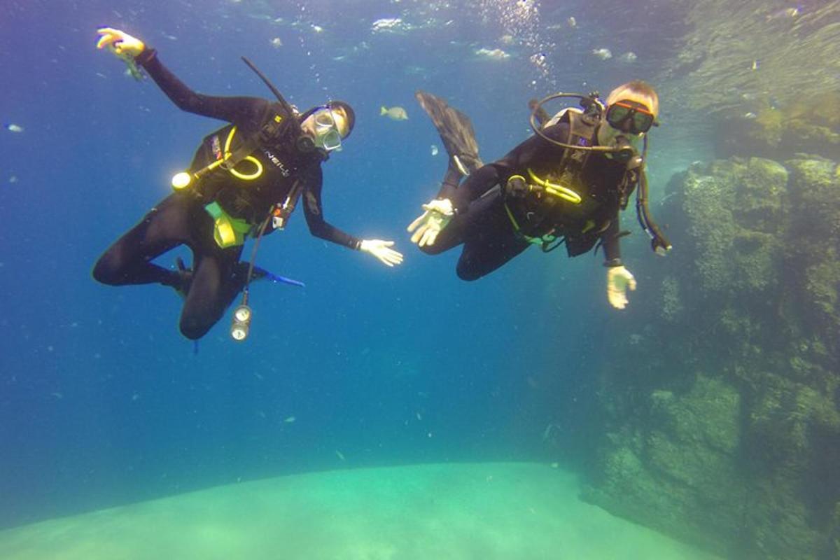 deux personnes en équipement de plongée nageant dans l'eau