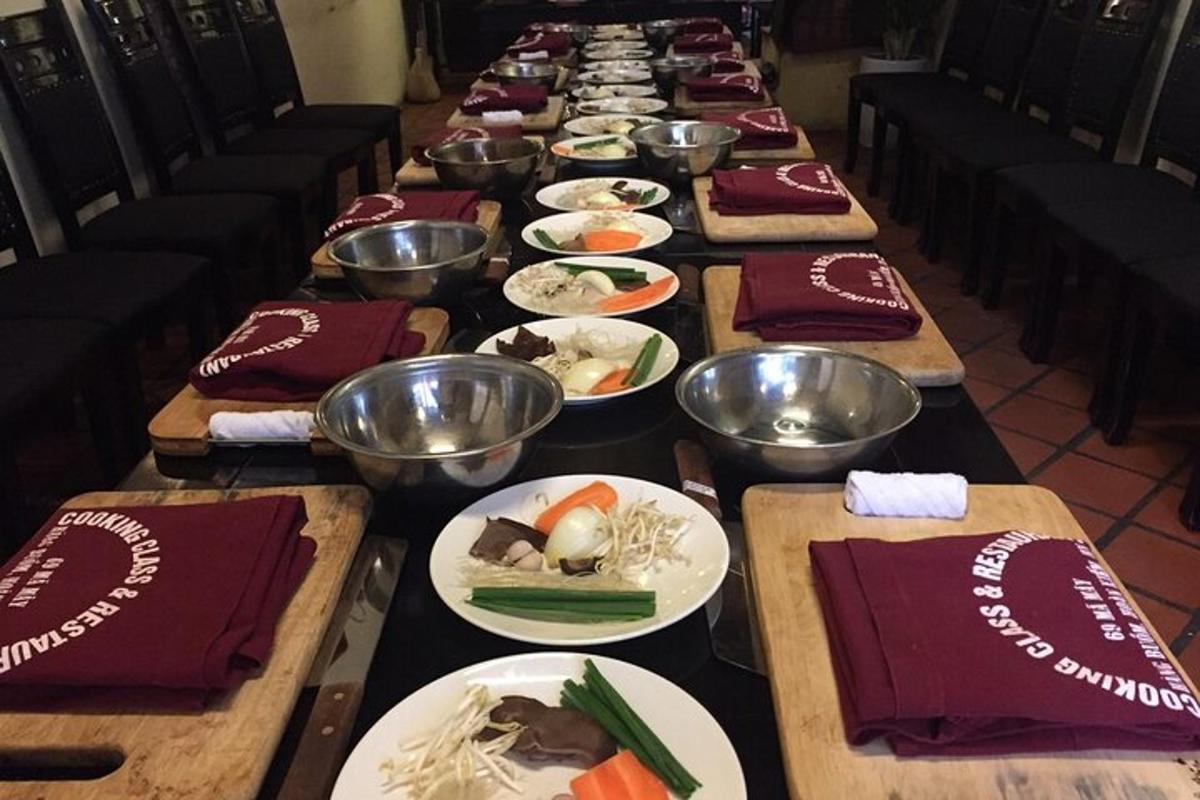 a long table with plates of food on it