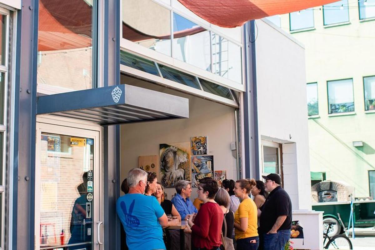 a group of people standing outside of a building